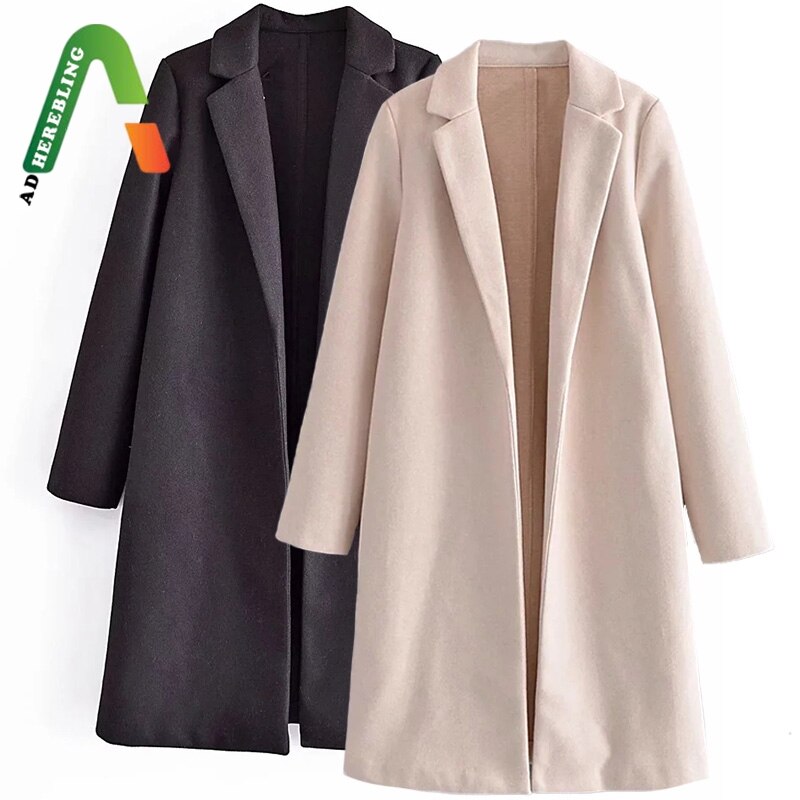 Adherebling Woman Casual Traf Jacket Autumn Winter Side Pockets Open Stitch Longline Trench Coats Loose Beige Overcoat