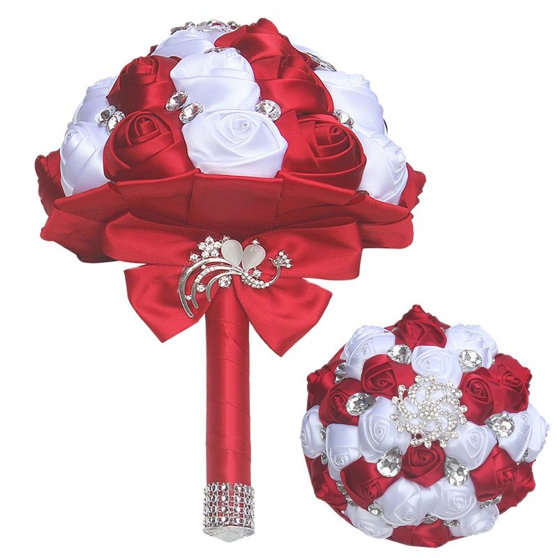 Borgoña cinta de seda blanca rosa con flores artificiales de espuma flores de boda ramos de novia ramo de dama de honor W291