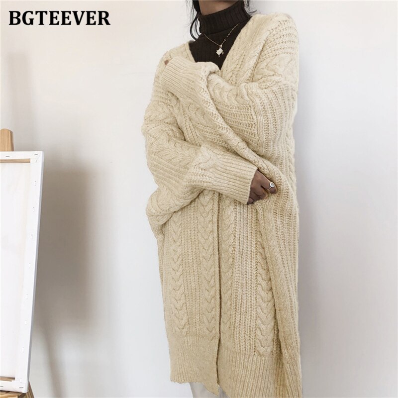 Bgteever vintage løs kvindelig lang sweater cardigans tykke varme kvinder snoet strikket cardigan efterår vinterfrakke