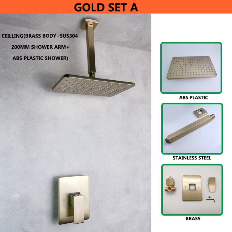 Overhead Shower Set Top Ultra Thin 8 Inch Shower Square Brushed Gold Set System Rain Waterfall 1 Function Swivel Shower Cold