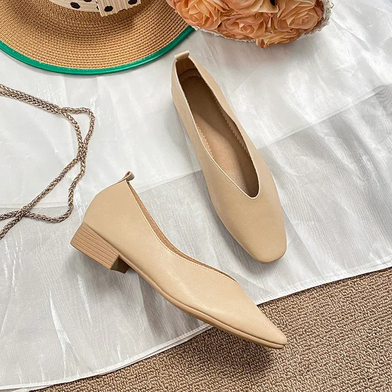 Echt leer Meerkleurige damesschoenen met lage hakken Ronde neus Platte bodem Ondiep gesneden enkele schoen Casual veelzijdige loafers: Beige / 42