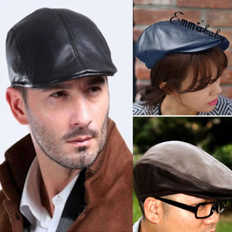 Vintage Men Women Leather Flat Ivy Caps Newsboy Gatsby Bonnet Cabbie Biker Beret Hat