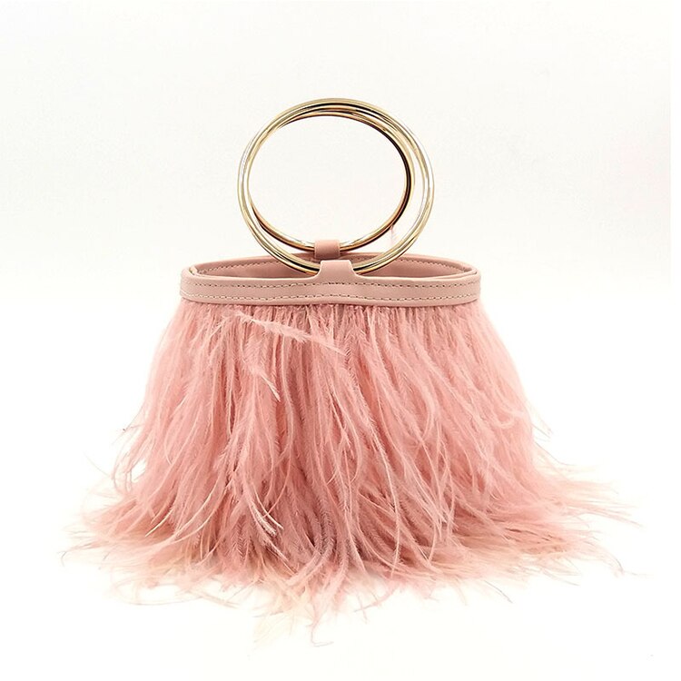 Luxury Ostrich Feather Wedding Purses and Handbags for Women Bucket Tote Pearl Fringe Party Chain Shoulder Bag: Pink