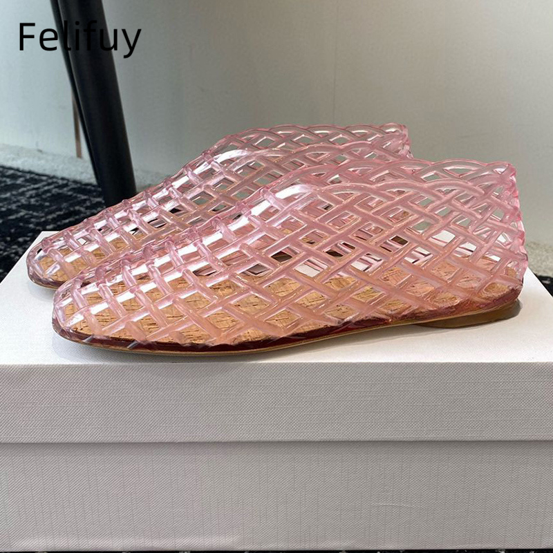 Zapatos de gelatina de malla roja, zapatos de playa con punta redonda hueca, cómodas sandalias transparentes de plástico, novedad de verano, zapatos de gelatinas planos tejidos