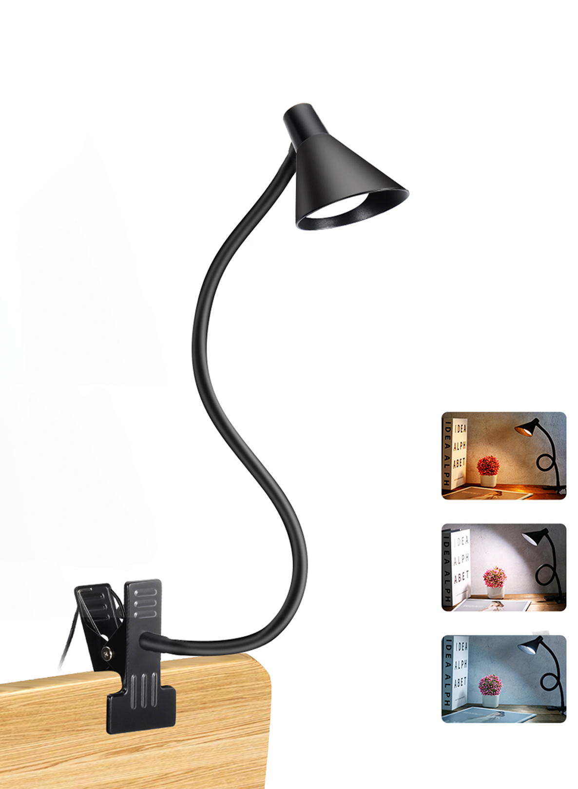 Lampada da lettura, lampada con morsetto USB per bambini che legge il libro a letto di notte, piccola lampada da scrivania a LED con clip a collo di cigno regolabile: Black