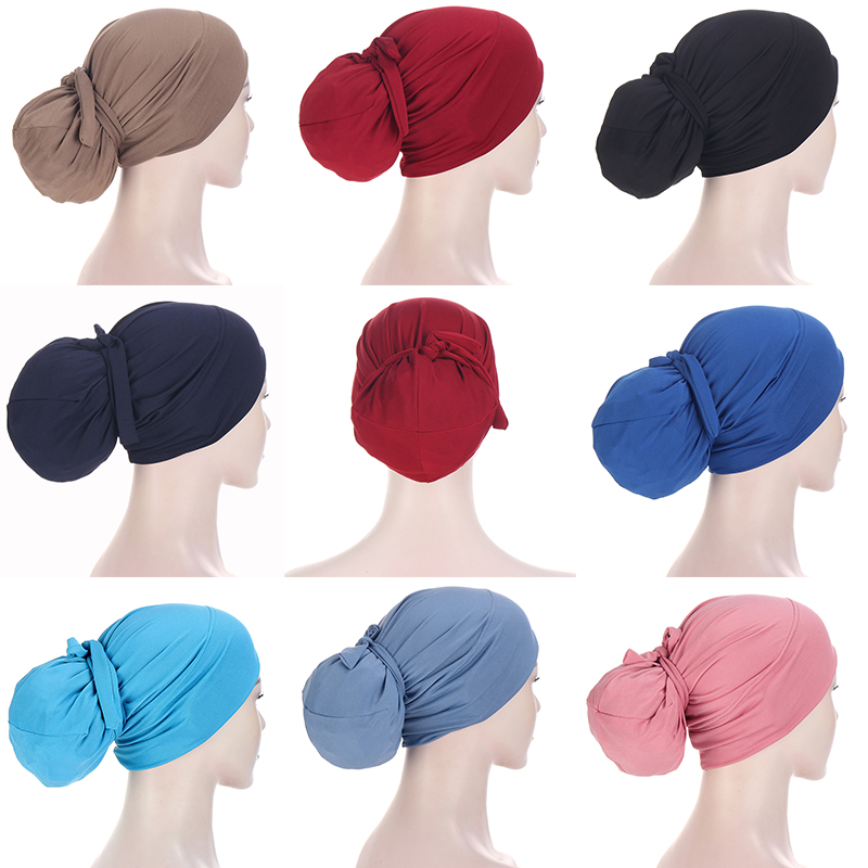 Polyester Headscarf 2022 Elastic Turban Hat Solid Color Women Warm Winter Headscarf Bonnet Inner Hijabs Cap Muslim