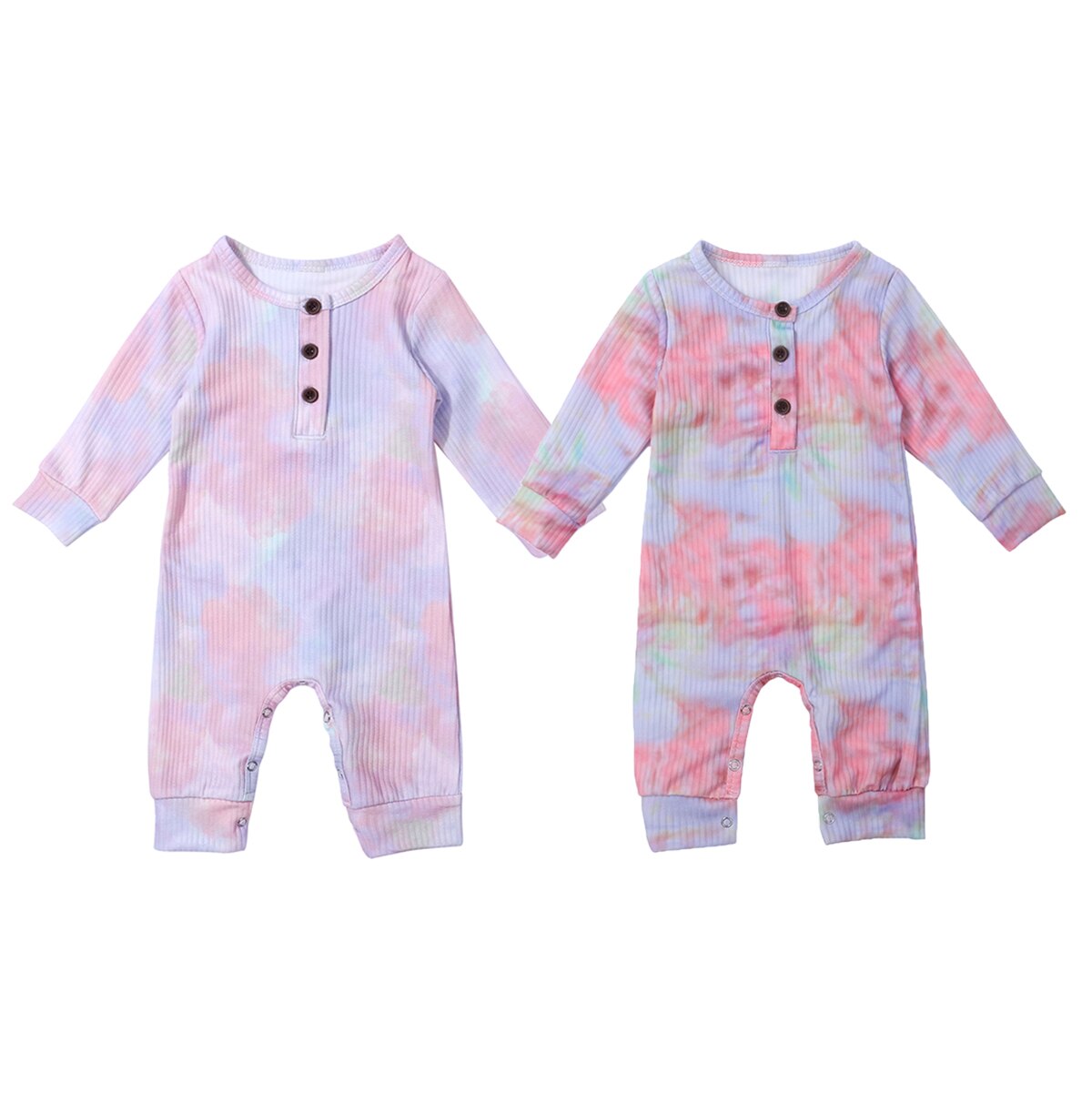 Focusnorm 0-18M Herfst Baby Meisjes Jongens Rompertjes Tie-Dye Gedrukt Lange Mouw Knop Causale Jumpsuits 2 kleuren