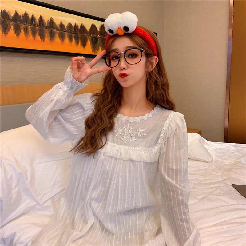 Lace Floral Nightgown Sleepwear Solid Sweet Korean Home Clothes Long Dress Kawaii Striped Embroidery O-Nek Long Sleeve Cotton