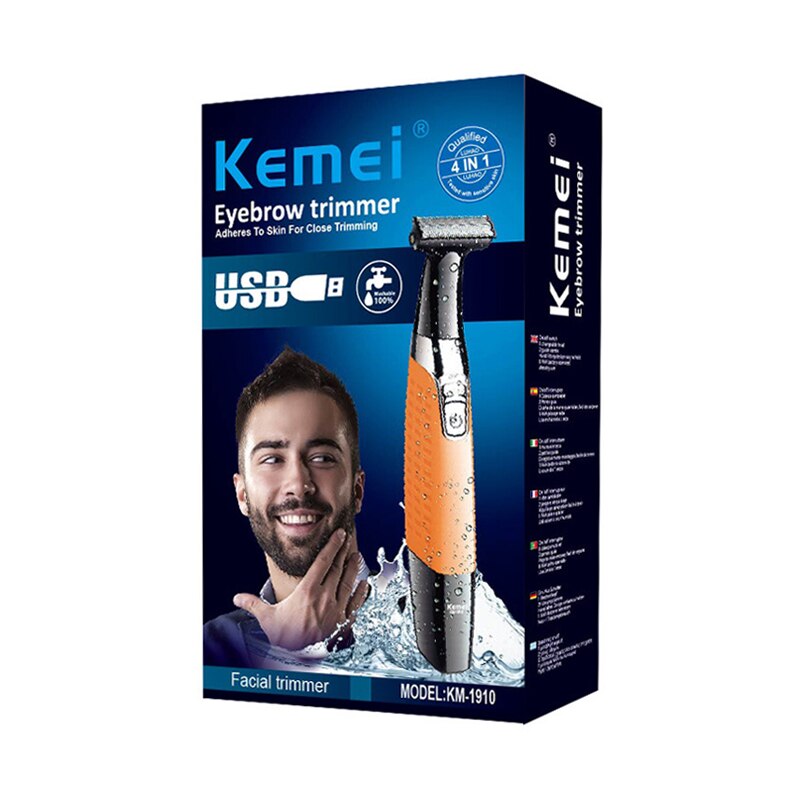 Kemei-Afeitadora eléctrica KM-1910 para hombres, recargable por USB recortador de barba, herramienta de afeitado Facial con una sola hoja, 47D: with box-orange