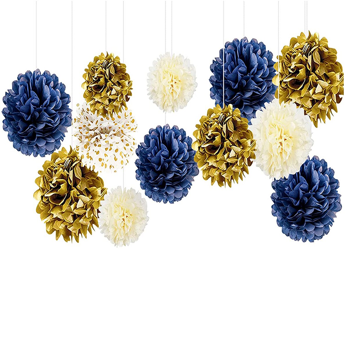 12 PCS Navy Blue Ivory Gold Tissue Paper Pom Poms Flower for Bridal Shower Wedding Boy Birthday Bachelorette Nursery Decorations