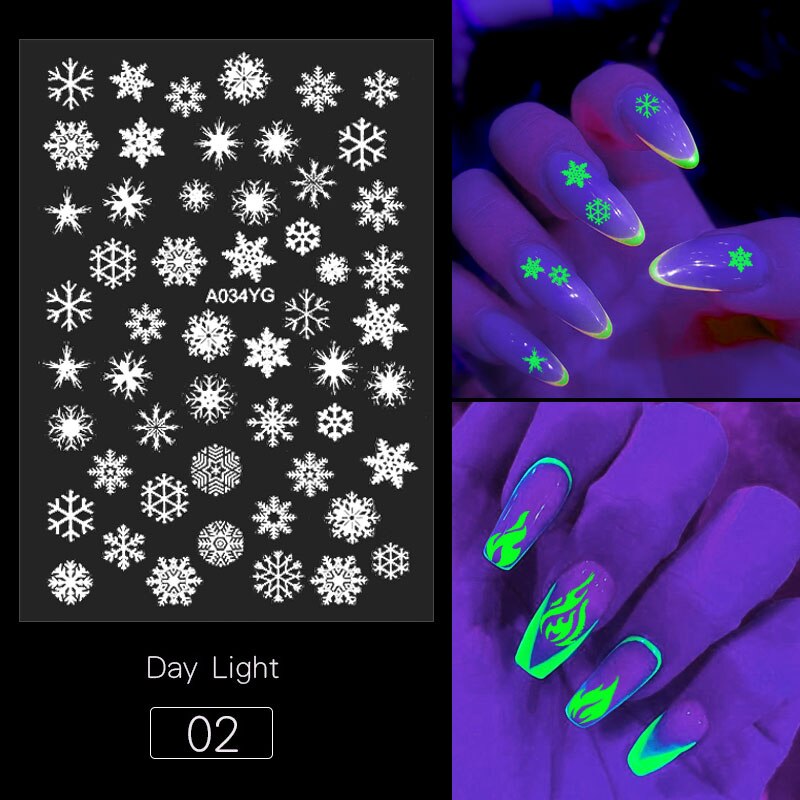 1Pc Lichtgevende Vlam Vlinder Nail Art Stickers Sneeuwvlok Maan Ontwerpen Nail Decals Glow In The Dark Halloween Manicure Decoratie