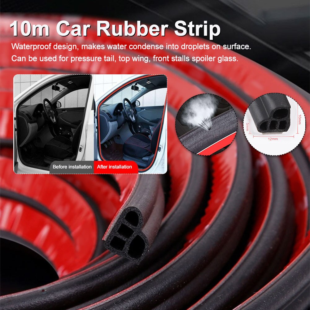 10M Car Rubber Strip Universal Door Window Easy Install For Sealing Waterproof Shock Absorption Noise Reduction Self Adhesive