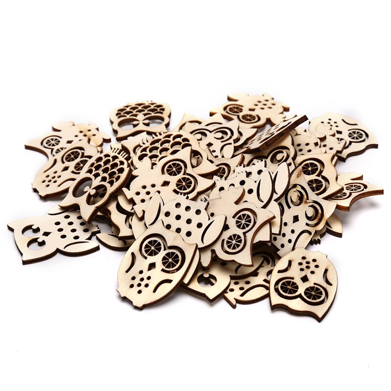 50Pcs Mix Natrual Uil Vorm Houten Ornament Diy Ambachten Home Decoratie Scrapbooking Hout Handgemaakte