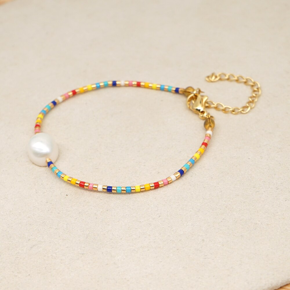 GO2BOHO Miyuki Rainbow Beads Bracelet Women Real Pearl Bracelets Jewelry Pulseras Handmade Stainless Steel Chain