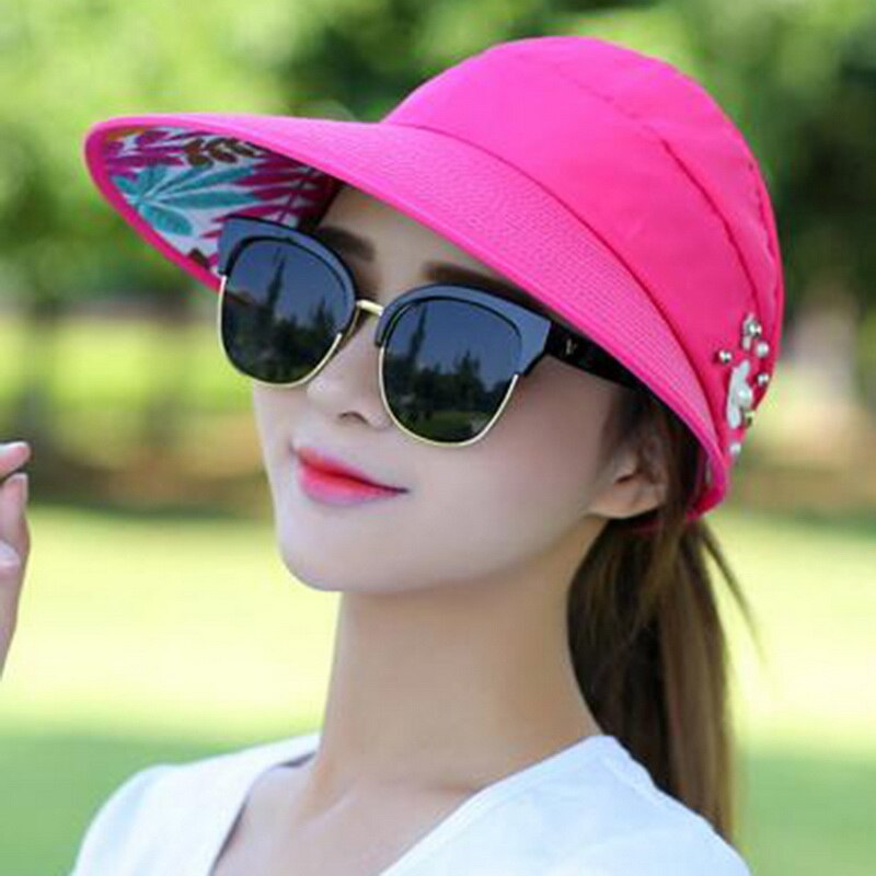 Dihope-sombreros para el sol y la playa para mujer, visera de perla empaquetable, sombrero con cabeza grande, gorro femenino de ala ancha, protección UV, novedad de verano: 5