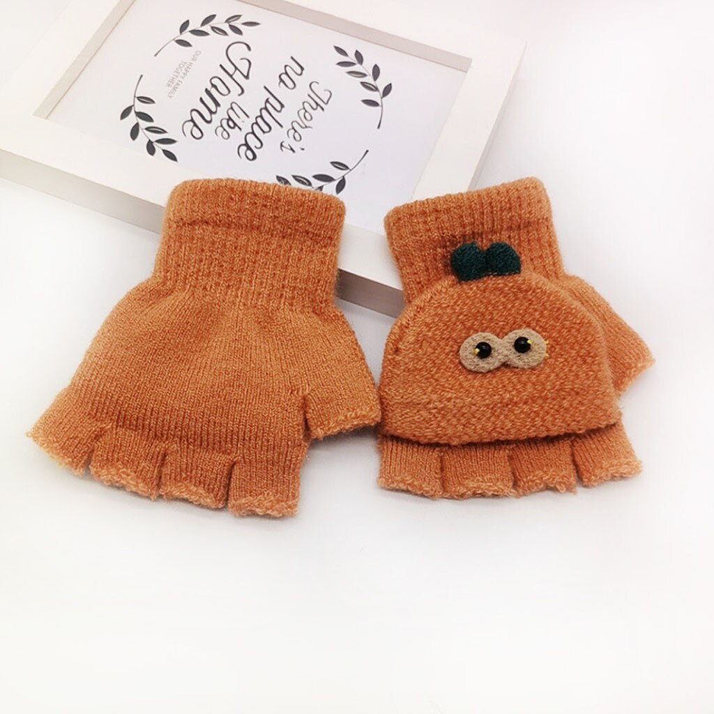 Children Kids Boys Girls Winter Cartoon Cat Patchwork Color Warm Knitted Gloves Kids Boy Girl Convenient Half-finger Gloves