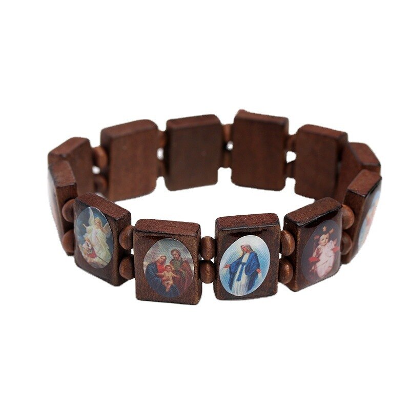 FIMAODZ Heilige Benedict Medaille Kreuz Armbinde Heilige Jesus Religiöse Holz Katholischen Symbol Armbänder Jahrgang Charme Armreifen Männer: Braun