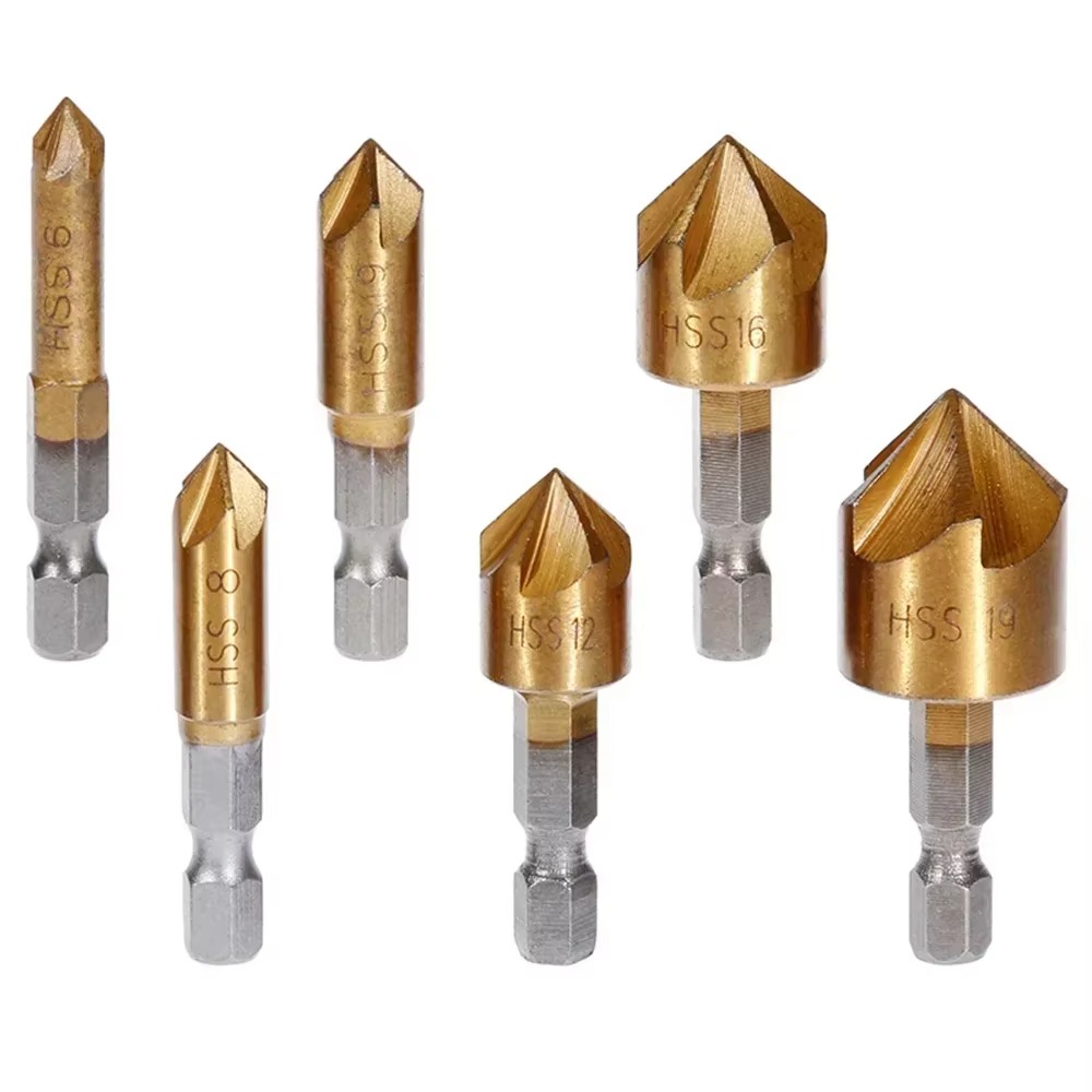 Woodwork Drill Bit Set Titanium Coat Counter Sink Wood Hole Cutter Metal Plastic 5 Flute Chamfer Ream 90 Degree Tool
