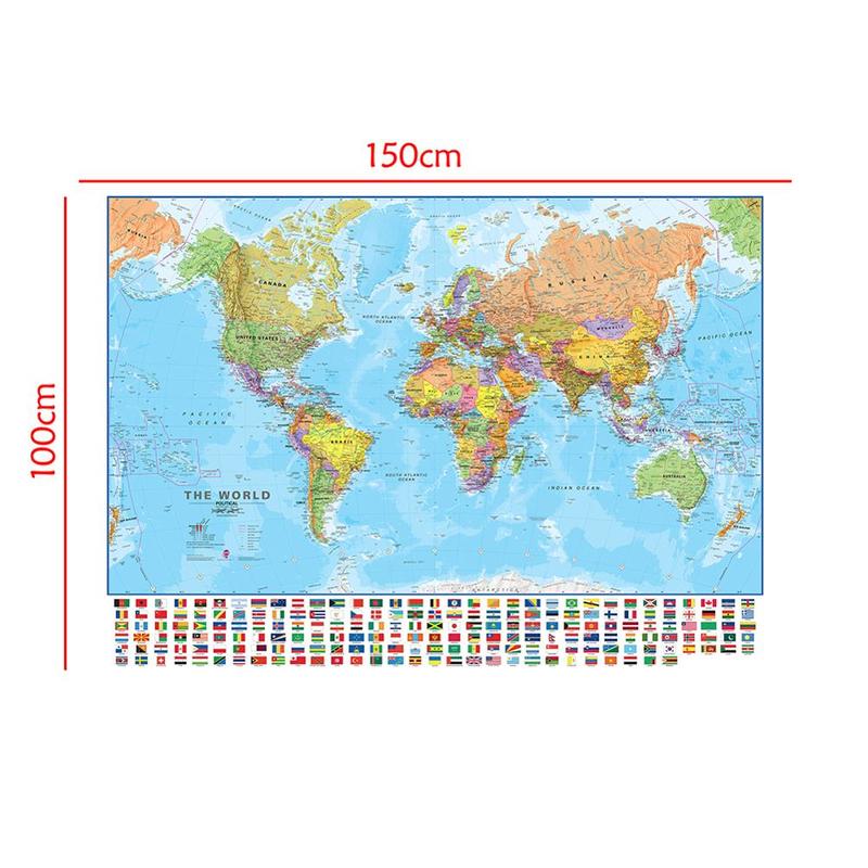 150x100cm The World Political Map with National Flags Foldable Canvas Painting Wall Poster Classroom Home Decor School Supplies