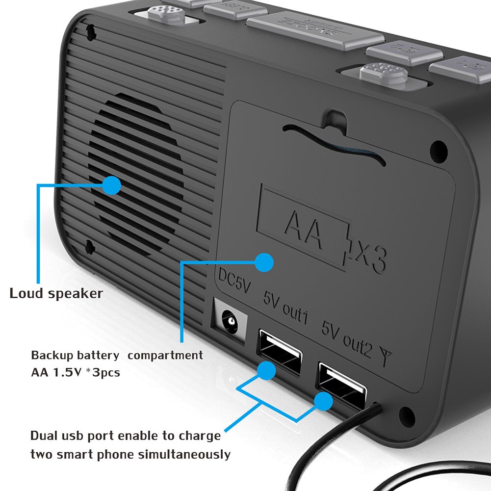 Digital Alarm Clock DAB FM Radio USB Rechargeable Backlight Adjustable Alarm Volume Alarm Clock Radio with Antenna