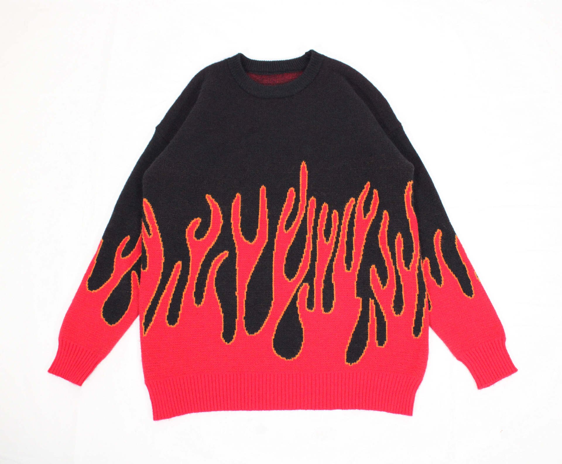 Woherb løst harajuku kvinder mand trøje strik top forår efterår flamme jacquard streetwear pullovere plus size vinter: Rød / S