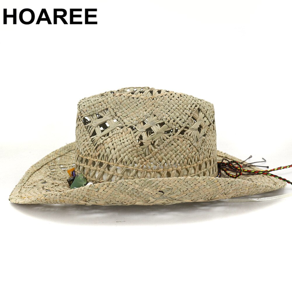 Hoaree chapéu de vaqueiro verão, chapéu de palha feminino, artesanal, chapéu de sol para homens, cowgirl, joia falsa, decoração, casual, praia, chapéu panamá