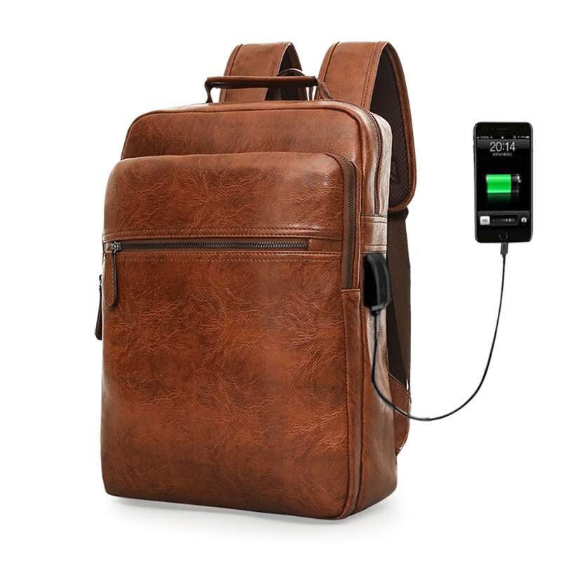 Laptop Men Backpack Large Capacity Travel Man Bag with USB Charging Backpacks PU Leather School College Waterproof: 2