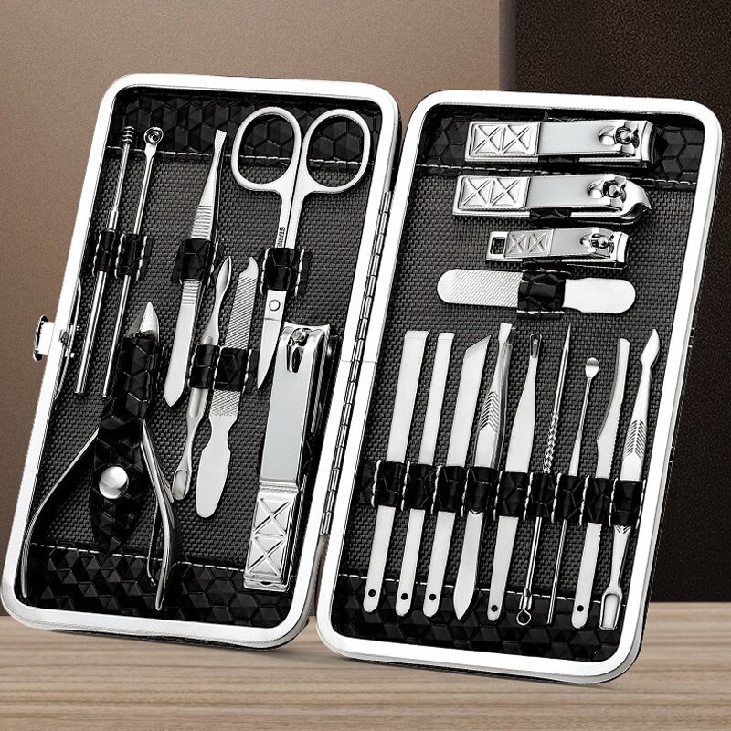 18/21 stuks roestvrijstalen manicureset, nagelknipperset, pedicureverzorgingsgereedschap, verzorgingsgereedschap met pu-leren etui