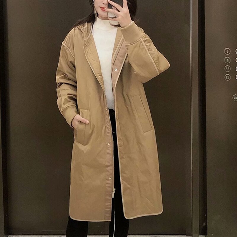 Parka con capucha de gran tamaño para mujer, abrigo largo Vintage de color caqui con cremallera, prendas de vestir, abrigos holgados informales para mujer: S