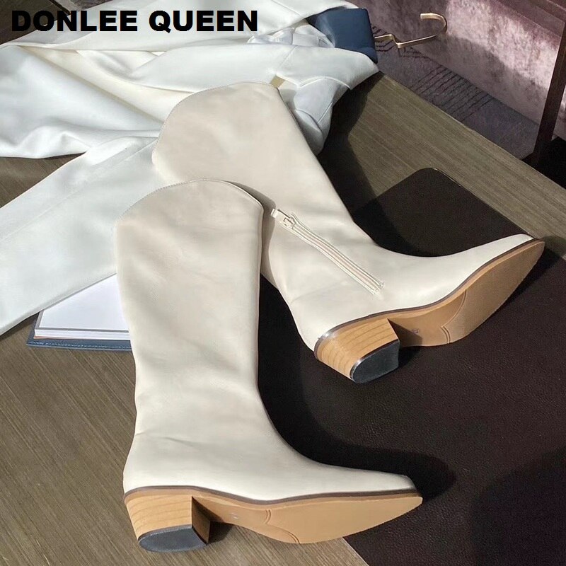 Herfst cowboylaarzen voor dames, hoge hakken, laarzen voor dames, western cowgirl laarzen, rits, halfhoge dikke sleehakken, winterlaarzen