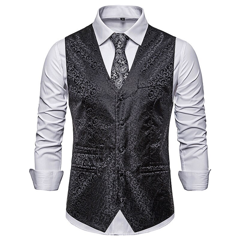 Heren casual zakelijk pak vest heren merk wit paisley jacquard vest heren feest bruiloft gilet kostuum xxl: Zwart / Xl