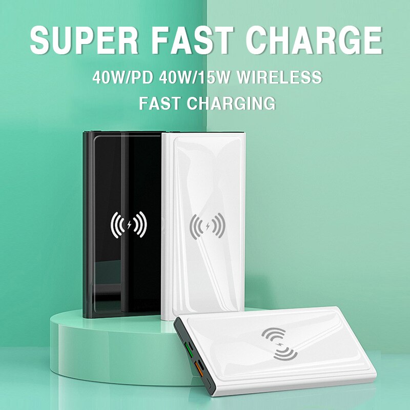 20000mah sem fio power bank 40w super rápido carregamento display digital bateria externa embutido cabos com lanterna para o telefone