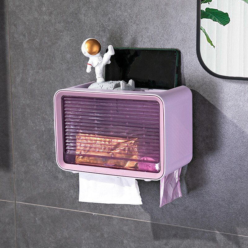 Multifunctional Tissue Storage Box Punch-free Waterproof Toilet Roll Paper Rack Wall-mounted Toilet Paper Drawer Box: Purple S
