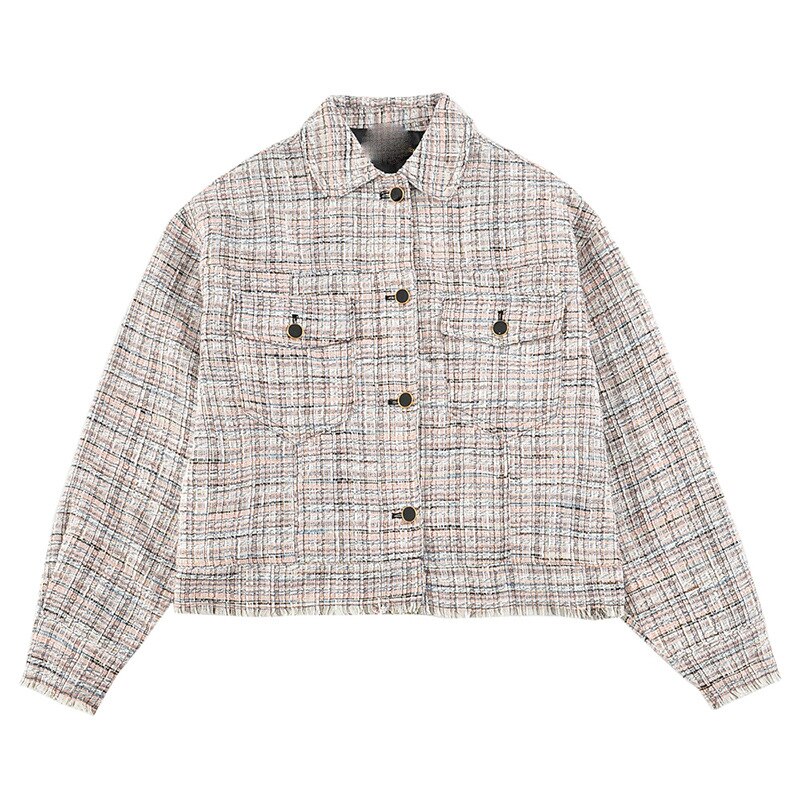 Manteau court Vintage à franges pour femmes, veste à carreaux avec poches et boutons, vêtement d'extérieur Chic,: L