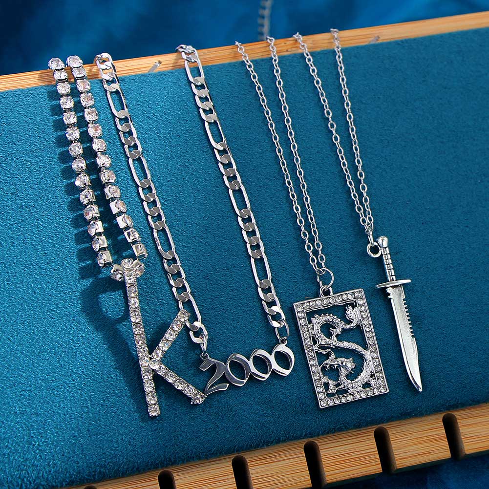 Flatfoosie Punk Silver Color Crystal Dragon Letter Pendant Necklace For Women Multilayer Year Number Long Chain Necklace Jewelry