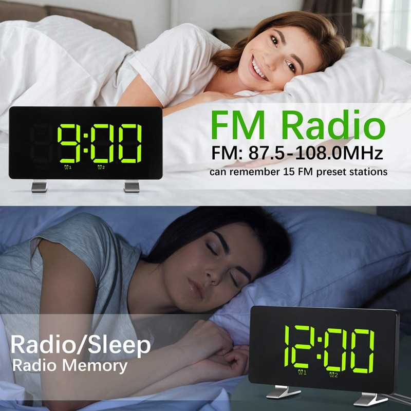 Alarm Clocks for Bedrooms with FM Radio, Dual Alarms, 6.7Inch LED Sn, USB Port for Charging, 4 Brightness, 12/24H