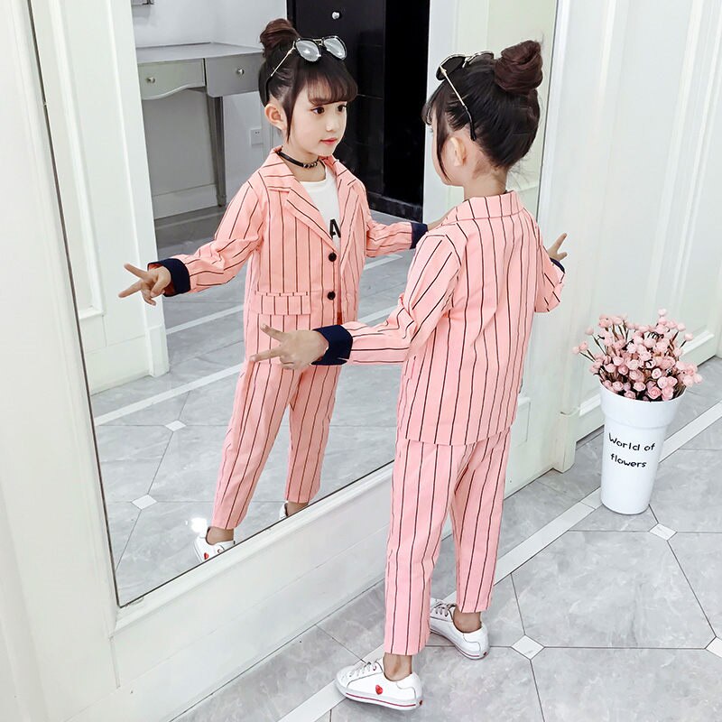 Filles Blazer costumes ensemble costume + pantalon 2 pièces fête de mariage enfants fille noir et blanc Vertical rayé Blazer ensemble pour filles 4-13