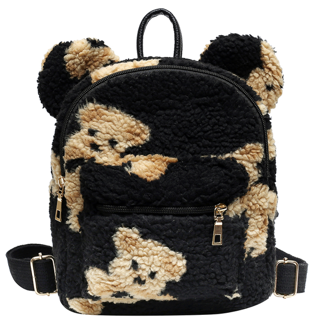 Bear Ears Plush Female Backpack Faux Fur Shoulders Bag Cute Furry Women Bag Winter Bags For Women 2022 Mini Girl Backpacks: Black Bear Backpack