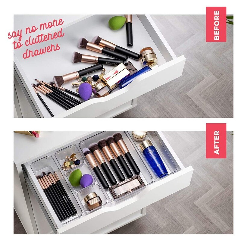 16Pcs 5 Size Plastic Desk Drawer Organizer Set Drawer Tray Dividers Storage Bins Vanity Trays Organizers Container