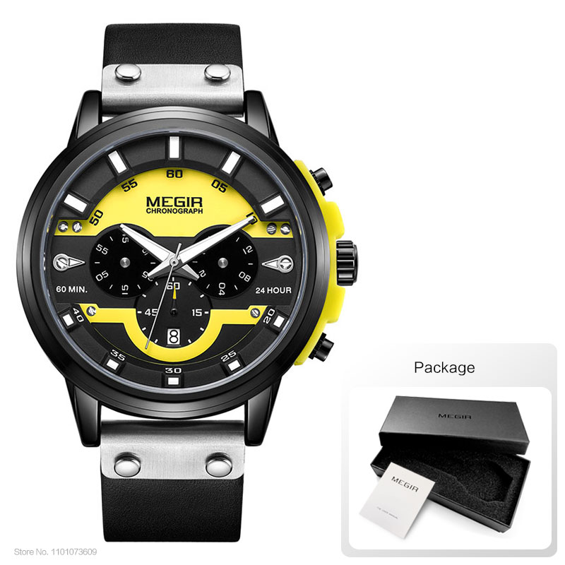 MEGIR 24 Stunden Chronograph Quarz Uhren Wasserdicht Casual Leder Armbanduhr für Mann Leuchtende Hände Sport Uhr 2080 Gelb: YELLOW