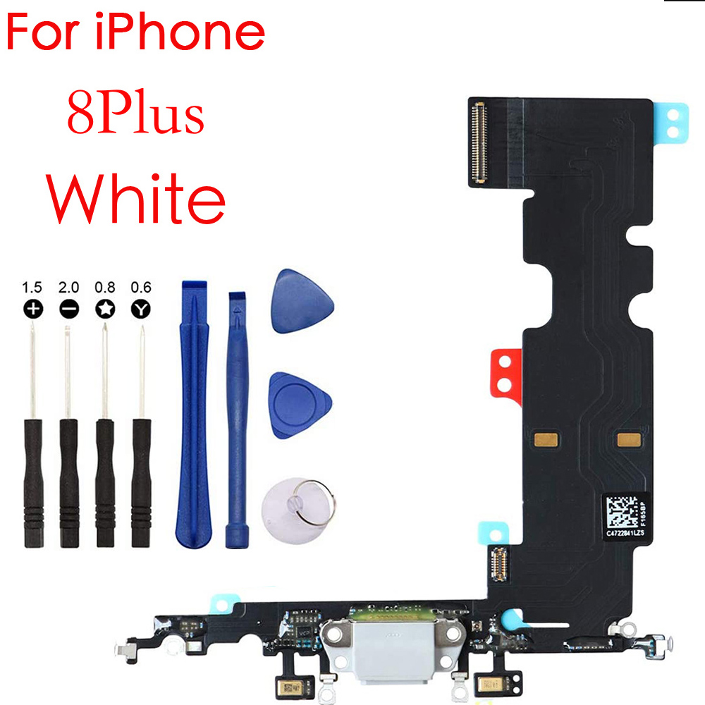 Charging Port USB Dock Connector Flex Cable Assembly Replacement With Screwdriver Repair Tool Kit For iPhone 7 7Plus 8G 8 Plus: 8Plus White