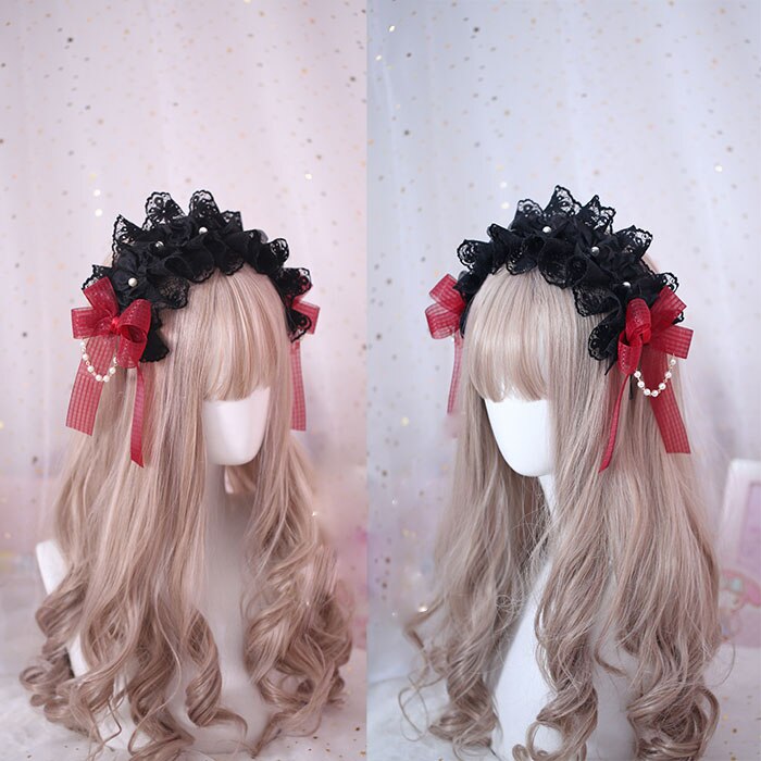 Diadema de estilo japonés gótico Lolita con lazo, accesorios para el cabello, banda para el cabello negra y roja, cadena de perlas hecha a mano