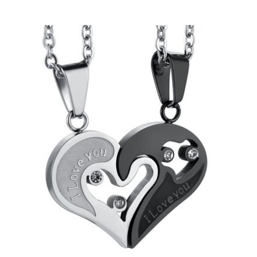 Twee Kleuren Rvs Heren Dames Paar Ketting Hanger Liefde Hart Cz Puzzel Matching: black