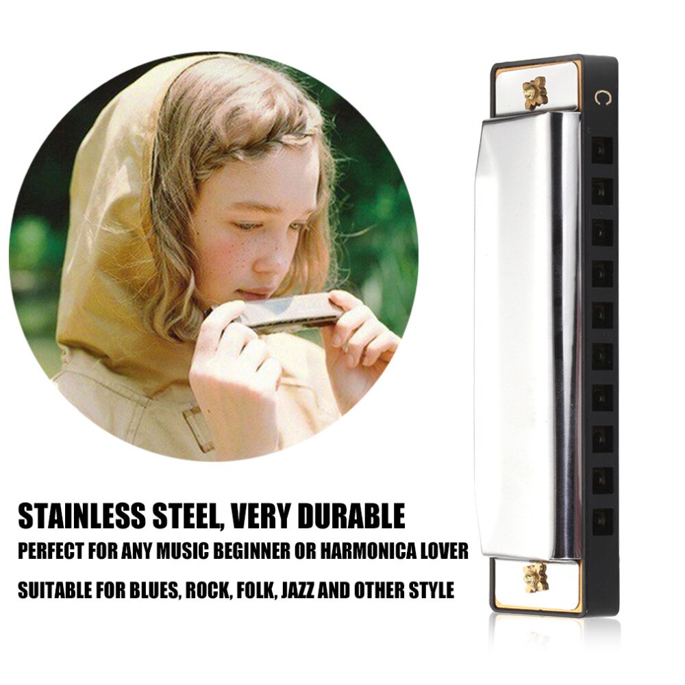 10 Hole Diatonic Harmonica Silver Blues Diatonic Harp Harmonicon 10 Holes Musical Instrument Alloy Harmonica Mouth Organ