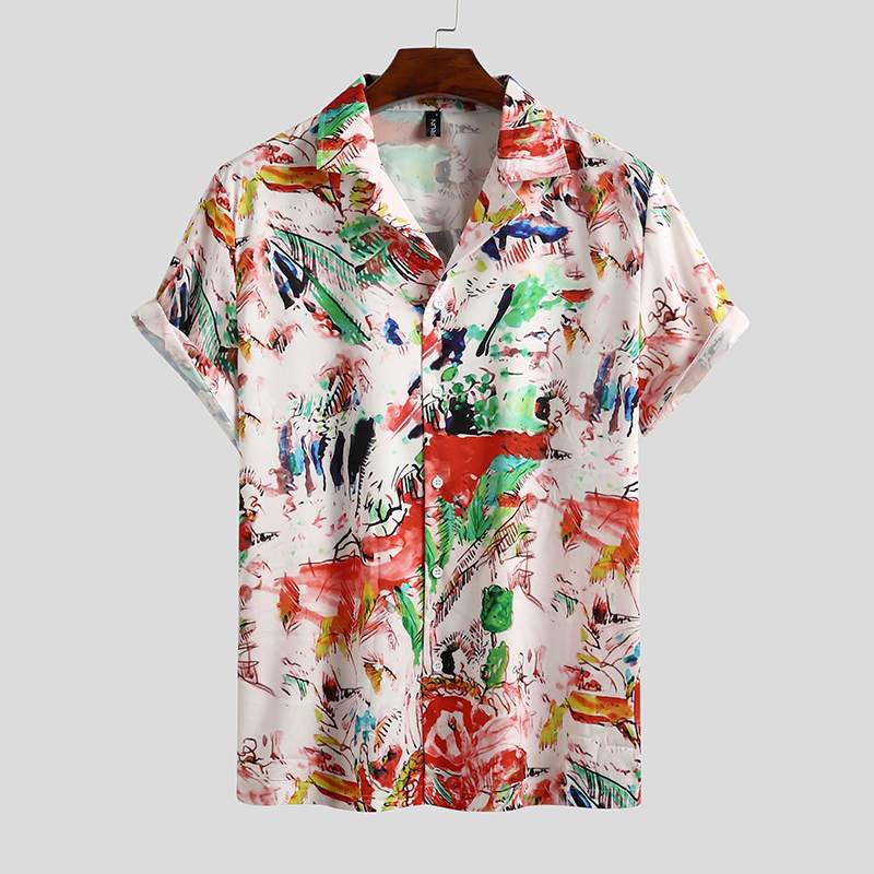 Incerun sommer skjorter med print til mænd kortærmede løs reversskjorte afslappet åndbar camisa mænd hawaiianske skjorter s -3xl: Hvid / S