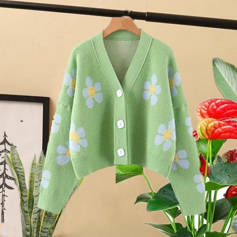 Retro japanilaistyylinen kukka neule neuletakit neulepusero naiset v kaula löysä elegaht paksu femme print lyhyt rento takki