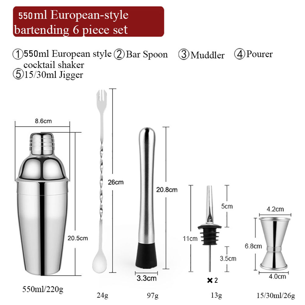 550ML/750ML Stainless Steel Mixer Wine Martini Cocktail Shaker Cocktail Shaker Bar Set Boston Shaker For Drink Party Bar Tools: 6Pcs 550ML