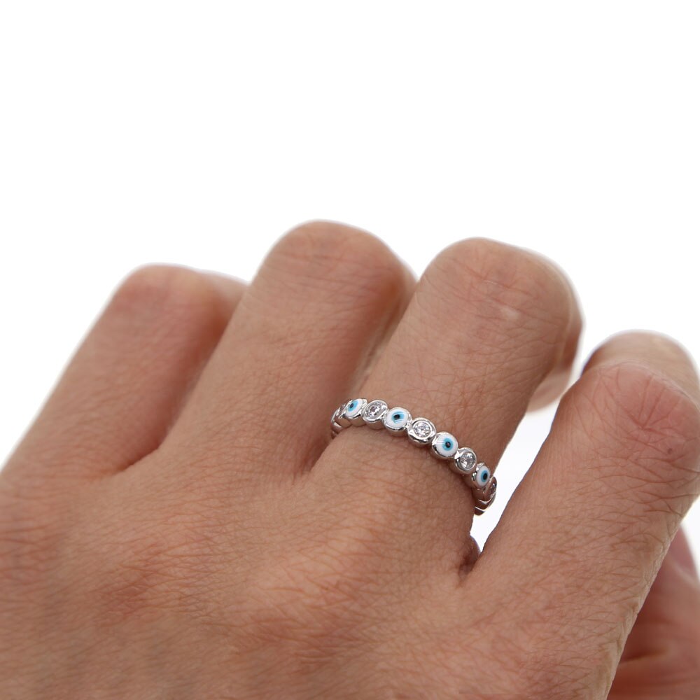 Top sølvfarve micro pave ondskabsring blå hvid blandet cz etniske tyrkiske smykker kvinder simpel lille ring