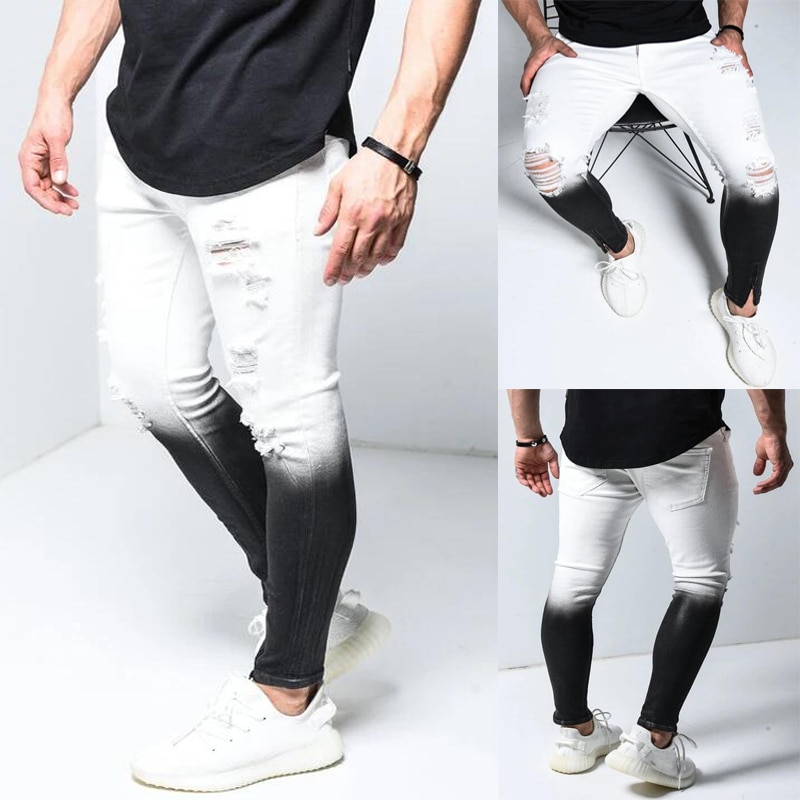 Jean Stretch déchiré pour hommes, pantalon en Denim, coupe Slim, Streetwear, dégradé blanc noir, crayon moulant
