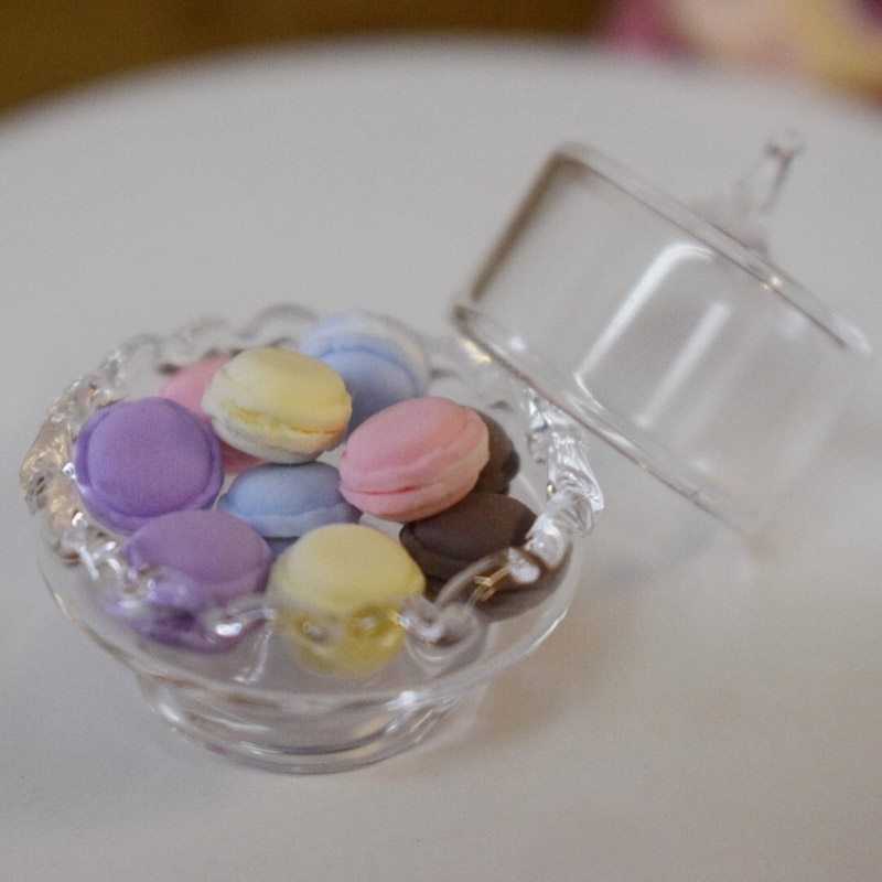 1:12 Scale Cute Mini Pretend Play Macaron with Glass Dish Dollhouse Miniture Food Kitchen Decoration Accessories Toy